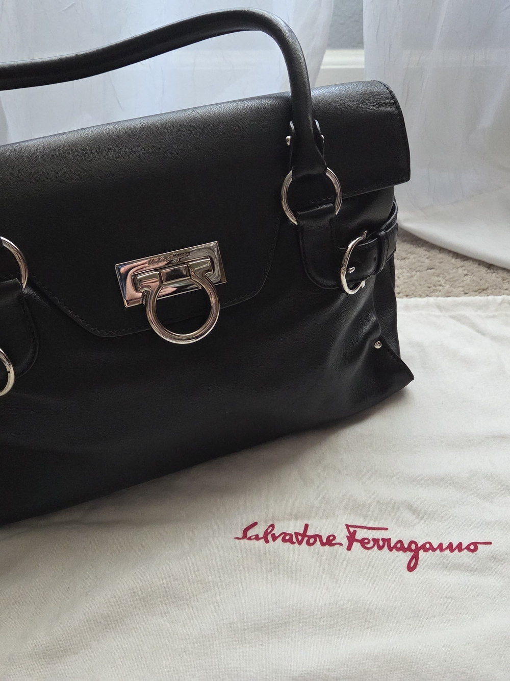 Salvatore Ferragamo Black Leather Satchel with Silver Hardware